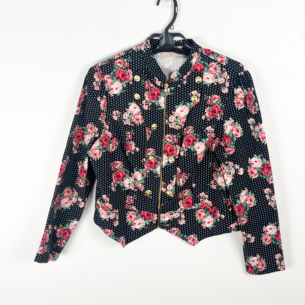HYBRID & Company Black Rose Floral Polka Dot Accent Buttons Zip Jacket 1X Boho